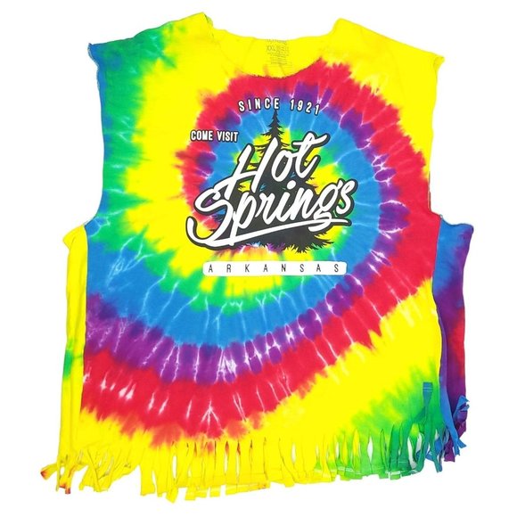 Dyneomite Hot Springs Arkansas T Shirt Mens XXL Cut Off Fringe Grunge Tie Dye - Picture 1 of 12